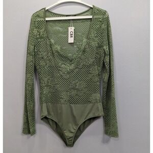 CBR Lace Sexy Bodysuit Long Sleeve V Neck Stretch Sheer Green Festival XL NWT
